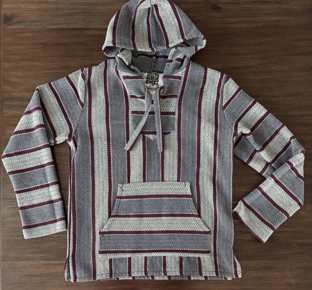 Original Señor Lopez Baja Hoodie Gray Striped Mexican Drug Rug Pullover Small